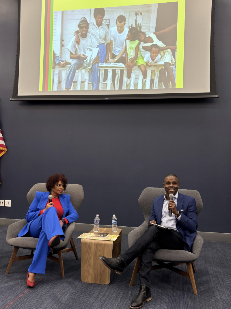 Robert Butler interviews Dr. Sanderia Faye during a Black History Month Lunch and Learn.